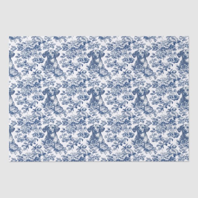 Daschund Dog Blue Toile Pattern Tissue Paper (Front)