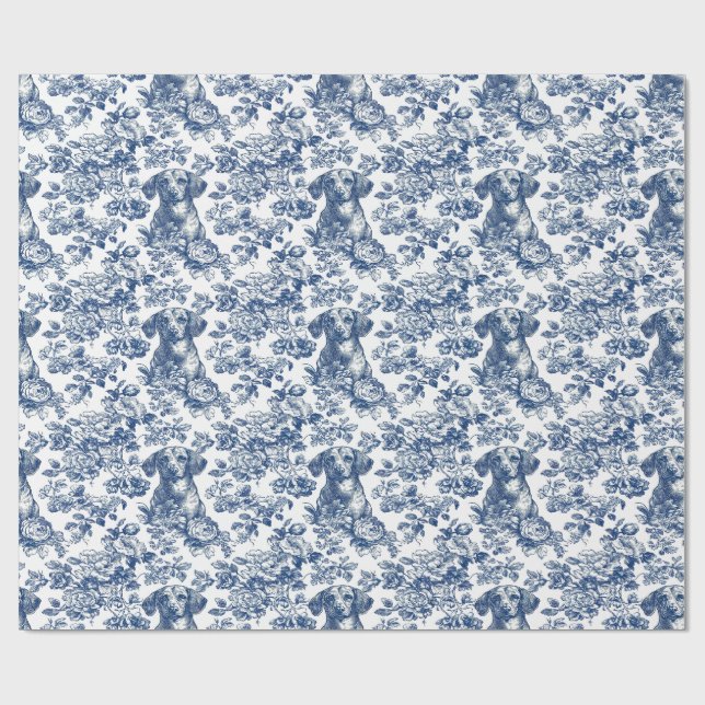 Daschund Dog Blue Toile Pattern Wrapping Paper (Flat)
