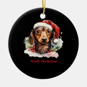 Daschund Dog Christmas Santa Hat Xmas Light Woofy  Ceramic Ornament
