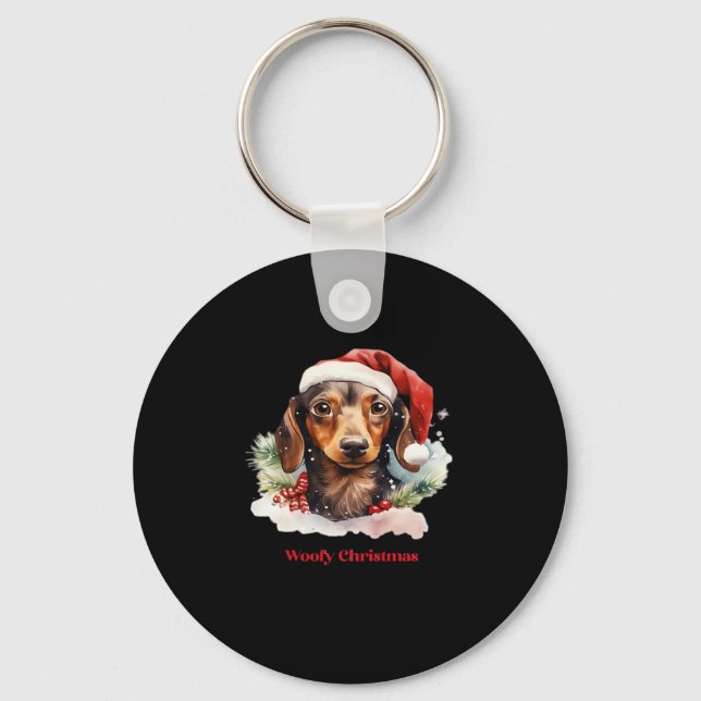 Daschund Dog Christmas Santa Hat Xmas Light Woofy  Keychain (Front)