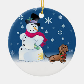 Daschund puppy and Snowman Ceramic Ornament