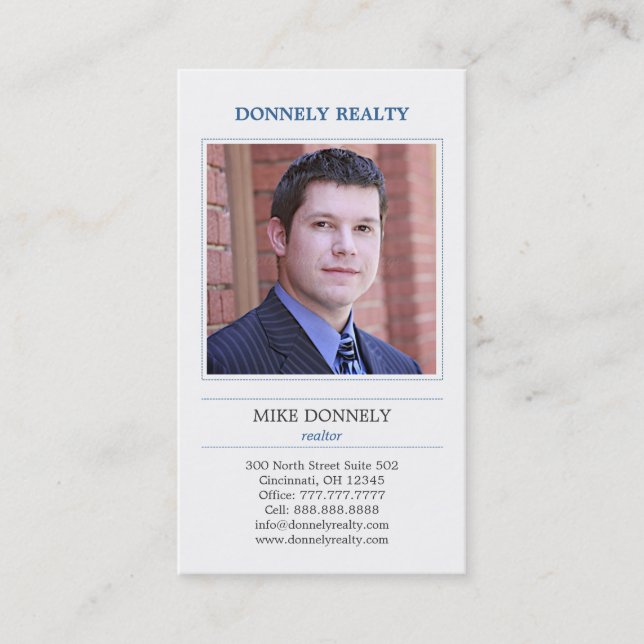 Dashed Border Photo Business Card - Blue (Front)