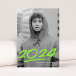Dashed Lime Green Class of 2024 Photo Graduation Announcement<br><div class="desc">Modern graduation announcement featuring the graduate's vertical photo with "2024" in lime green handwritten lettering with a dash below. Personalize the trendy photo graduation announcement by adding the graduate's name and school name. The class of 2024 graduation announcement reverses to display a pattern of lime green and white dashed brushstrokes....</div>