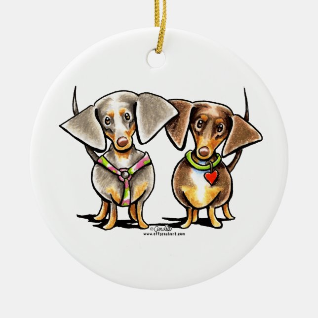 Dashing Dappled Dachshunds Ceramic Ornament (Front)