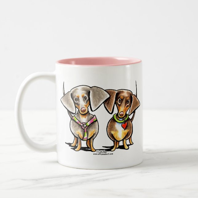 Dashing Dappled Dachshunds Two-Tone Coffee Mug (Left)