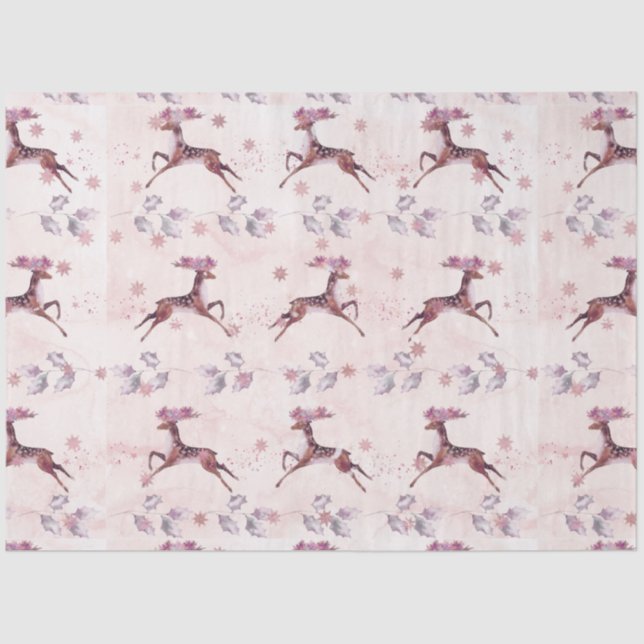 Dashing Reindeer Leaves Flowers Christmas Tissue Paper (Front)