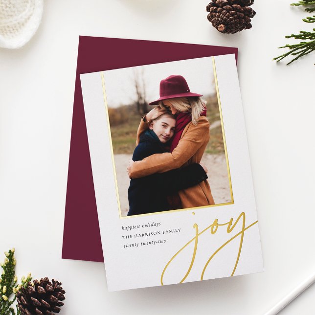 Dashing Script | Joy | Vertical Photo Foil Holiday Card (Creator Uploaded)