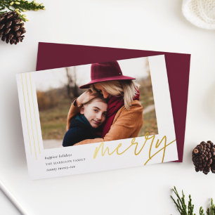 Dashing Script Merry Horizontal Photo Foil Holiday Card