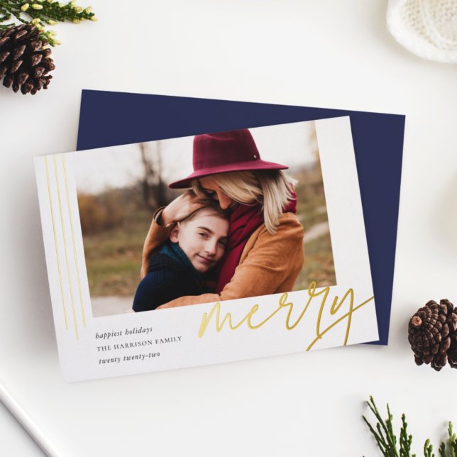 Dashing Script | Merry | Horizontal Photo Foil Holiday Card (Creator Uploaded)