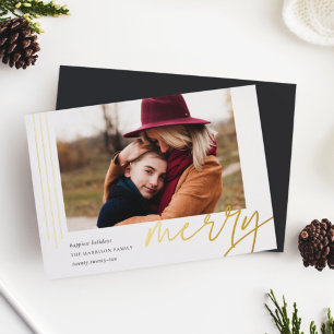 Dashing Script   Merry   Horizontal Photo Foil Holiday Card
