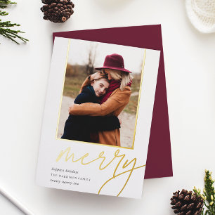 Dashing Script Merry Vertical Photo Foil Holiday Card