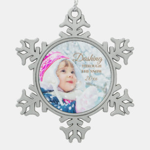 Dashing Through Snow Christmas Holiday Photo Snowflake Pewter Christmas Ornament