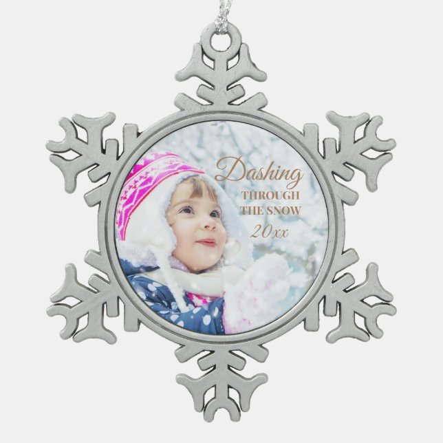 Dashing Through Snow Christmas Holiday Photo Snowflake Pewter Christmas Ornament (Front)