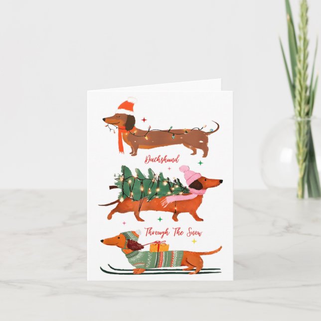 Dashing Through The Snow Christmas Wiener Dog Holi Card (Front)
