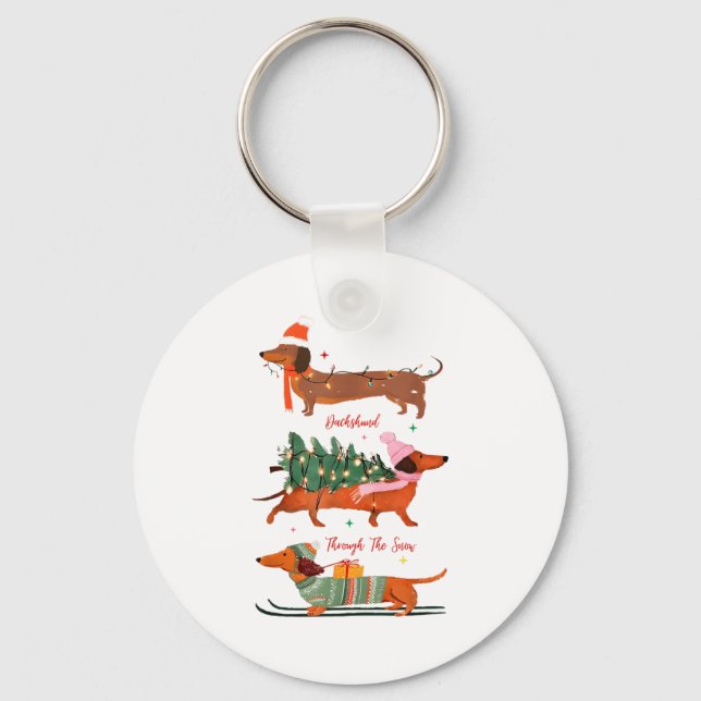 Dashing Through The Snow Christmas Wiener Dog Holi Keychain (Front)