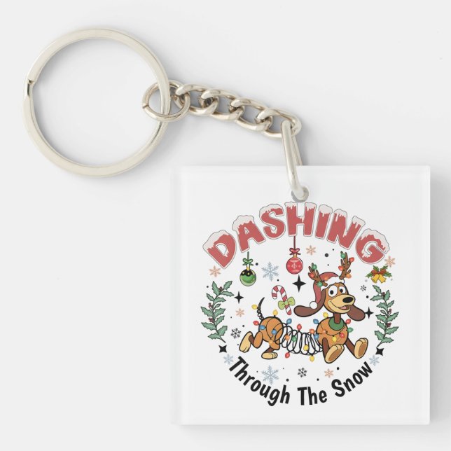 Dashing Through the Snow Funny Dachshund Dog Xmas Keychain (Front)