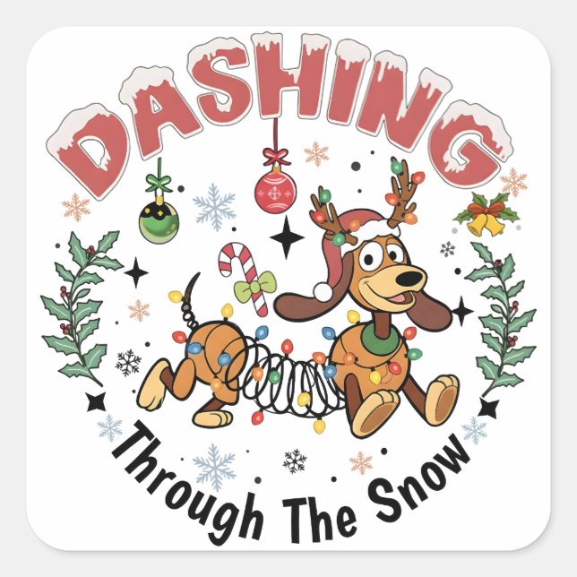 Dashing Through the Snow Funny Dachshund Dog Xmas Square Sticker (Front)