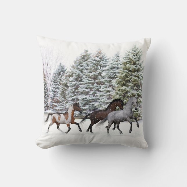 Dashing Through the Snow - Running Horses Artwork Throw Pillow (Front)