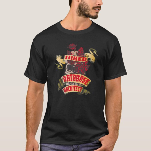 Database Architect Inked Skull & Red Roses Tattoo T-Shirt (Front)