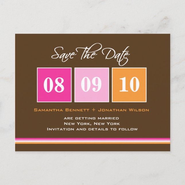 Date Blocks - Pink Orange Announcement Postcard (Front)
