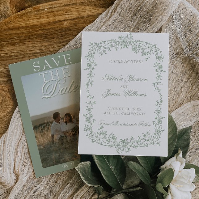 Date Boho Sage Green Floral Photo Wedding Save The  (Créateur téléchargé)