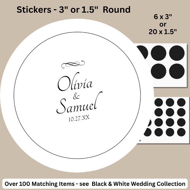 Date + Bride, Groom Names Black White Infinity  Classic Round Sticker (Creator Uploaded)