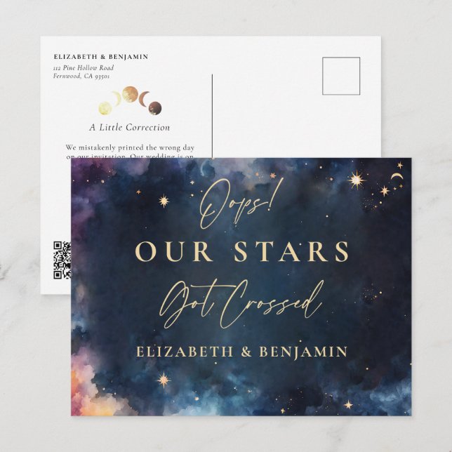 Date Correction Oops Celestial Night Sky Wedding Postcard (Front/Back)