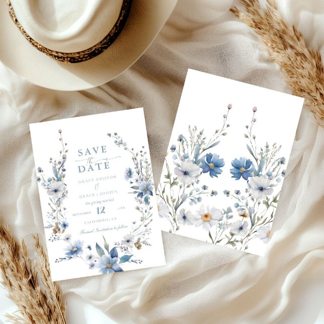 Date Dusty Blue Floral Spring greenery Mariage Save The (Créateur téléchargé)