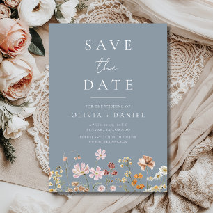 Date Fleurs Sauvages Bleu Poussiéreux Boho Save the Dat