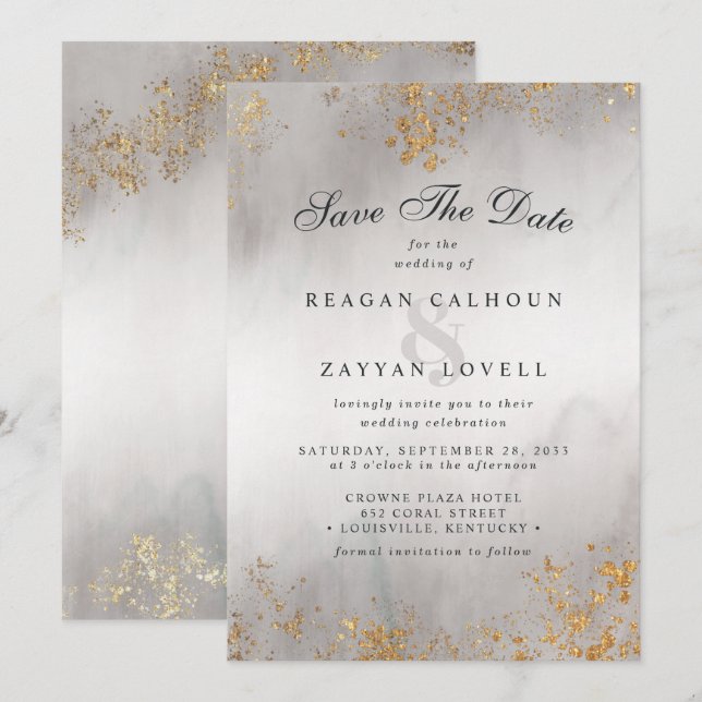 Date Moderne Luxe Paillettes Dorées Gris Brume Save The (Devant / Derrière)