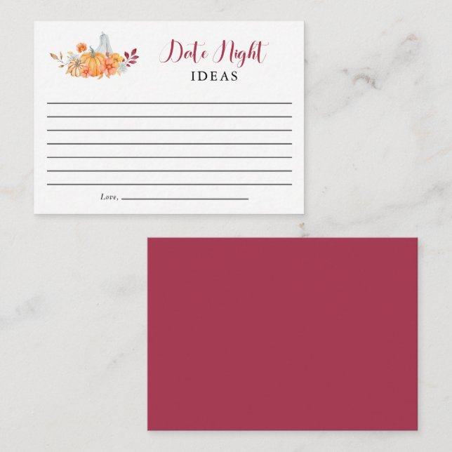 Date Night Ideas Bridal Shower Fall Pumpkin Autumn Advice Card (Front/Back)
