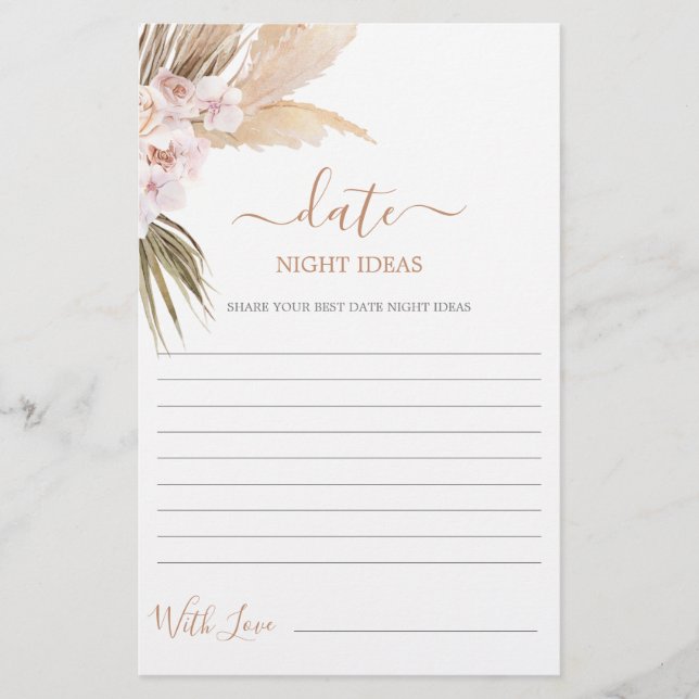 Date Night ideas pampas grass bridal shower card (Front)