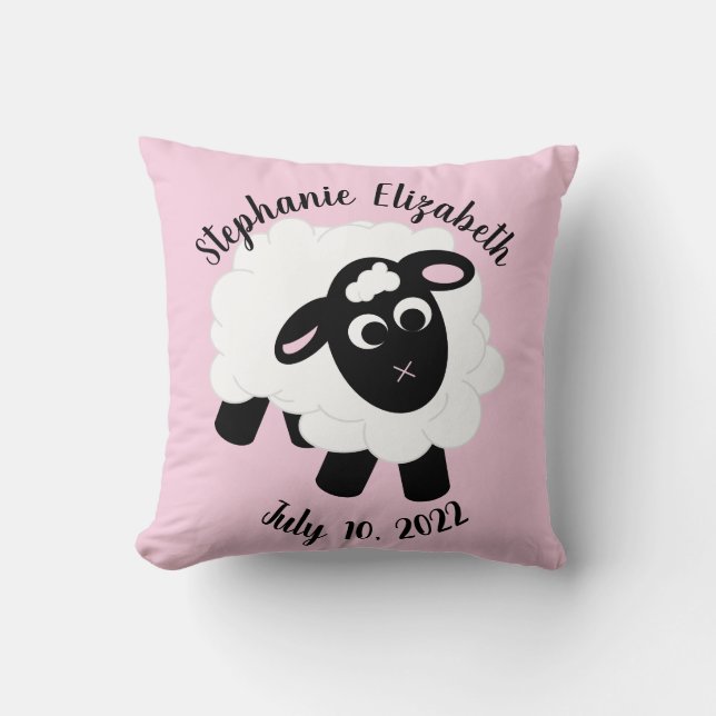 Date of Birth Cute Cartoon Sheep Throw Pillow (Front)