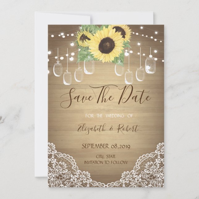 Date Pot Mason Rustique, Dentelle, Tournesols Save The  (Devant)