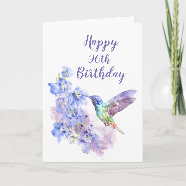Dated 96th Birthday Hummingbird Bird Delphiniums Card (Front)