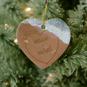 Dated Beach Our First Christmas With Names Ceramic Ornament