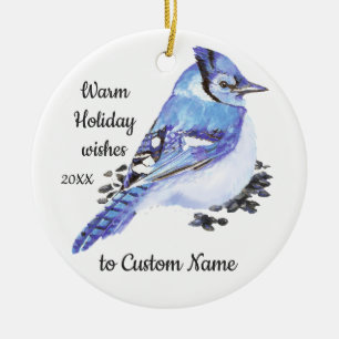 Dated Christmas Custom Watercolor Blue Jay Bird Ceramic Ornament