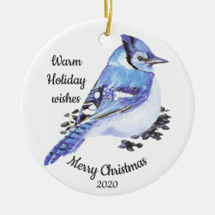 Dated Christmas Custom Watercolor Blue Jay Bird Ceramic Ornament
