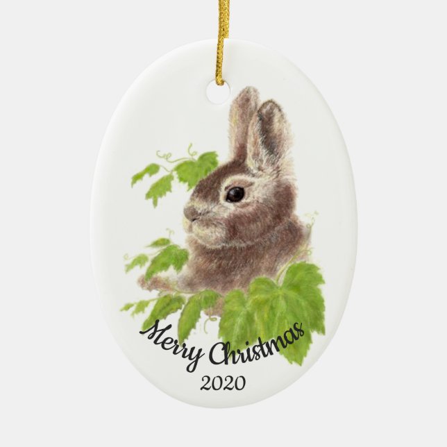 Dated Christmas Custom Watercolor Bunny Rabbit Ceramic Ornament (Front)
