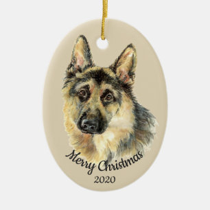Dated Christmas Custom Watercolor German Shepherd Ceramic Ornament