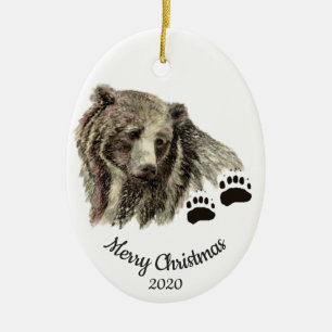 Dated Christmas Custom Watercolor Grizzly Bears Ceramic Ornament