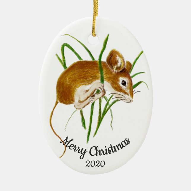Dated Christmas Custom Watercolor Mouse Animal Ceramic Ornament (Front)