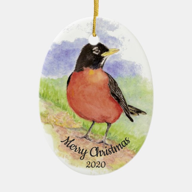 Dated Christmas Custom Watercolor Robin Bird Ceramic Ornament (Front)