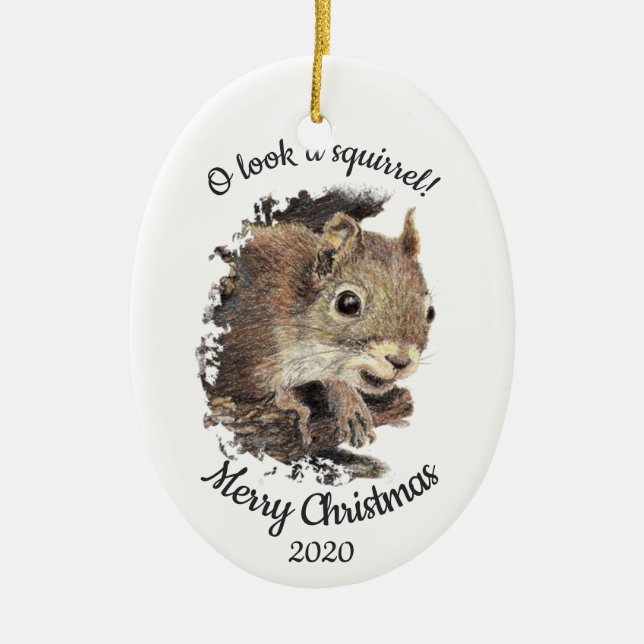 Dated Christmas Custom Watercolor Squirrel Quote Ceramic Ornament (Front)