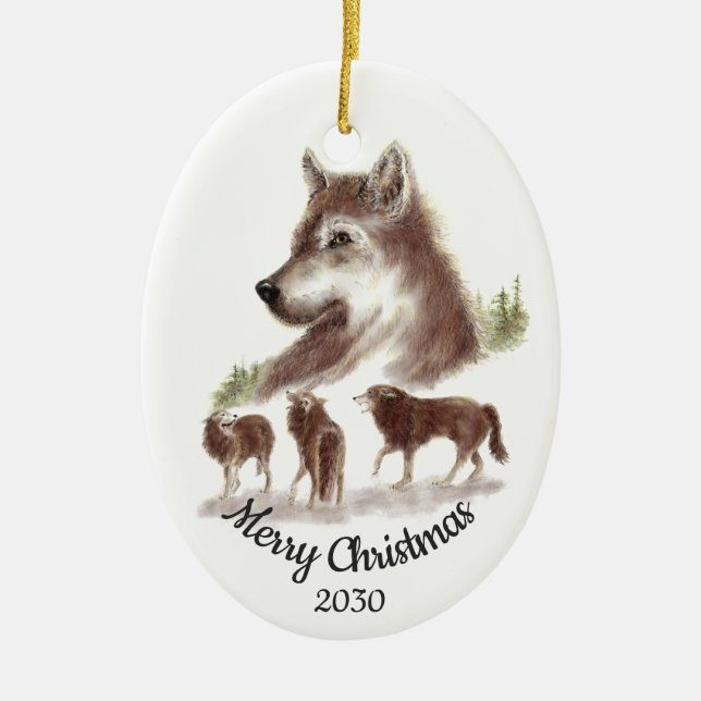 Dated Christmas Custom Watercolor Wolves Art Ceramic Ornament (Front)