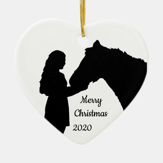Dated Christmas Girl & Her Horse Love Silhouette Ceramic Ornament (Front)