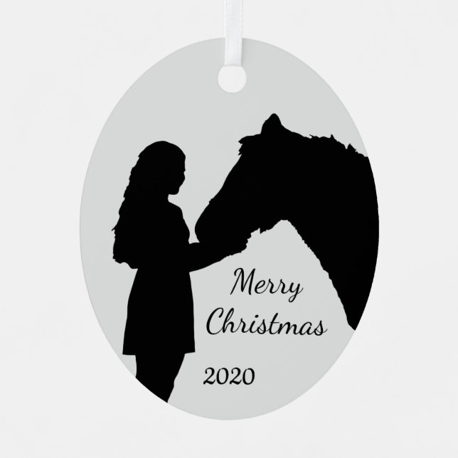 Dated Christmas Girl & Her Horse Love Silhouette Metal Ornament (Front)