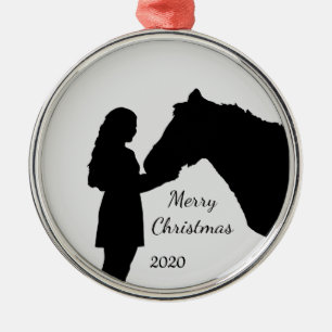 Dated Christmas Girl & Her Horse Love Silhouette   Metal Ornament