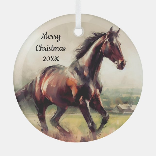 Dated Christmas Running Brown Horse Glass Ornament (Front)