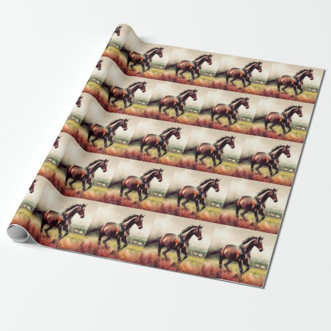 Dated Christmas Running Brown Horse Wrapping Paper (Unrolled)